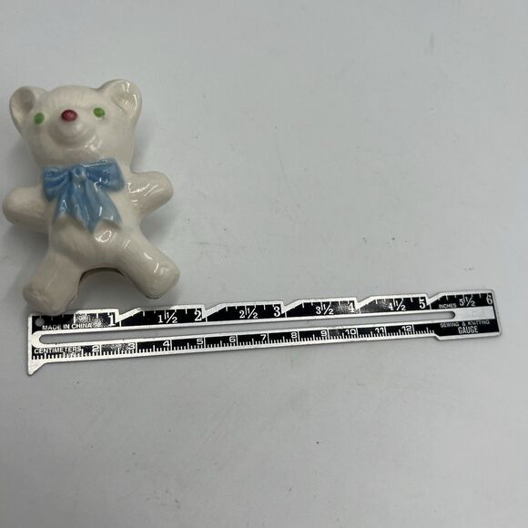 Rare Vintage Macrame Bead Ceramic Baby Bear Boy Blue Stuffy Lovie Bow Figurine - Picture 5 of 5